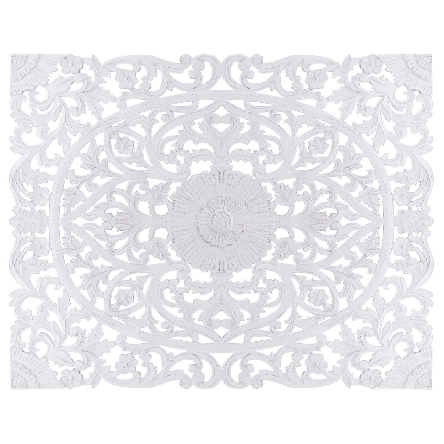 Menzzo Tête de lit Style Romantique Chic Flora 180 cm Bois Blanc sculpté – Décor Floral élégant – pour lit 180 cm – L180 x P3,5 x H140 cm
