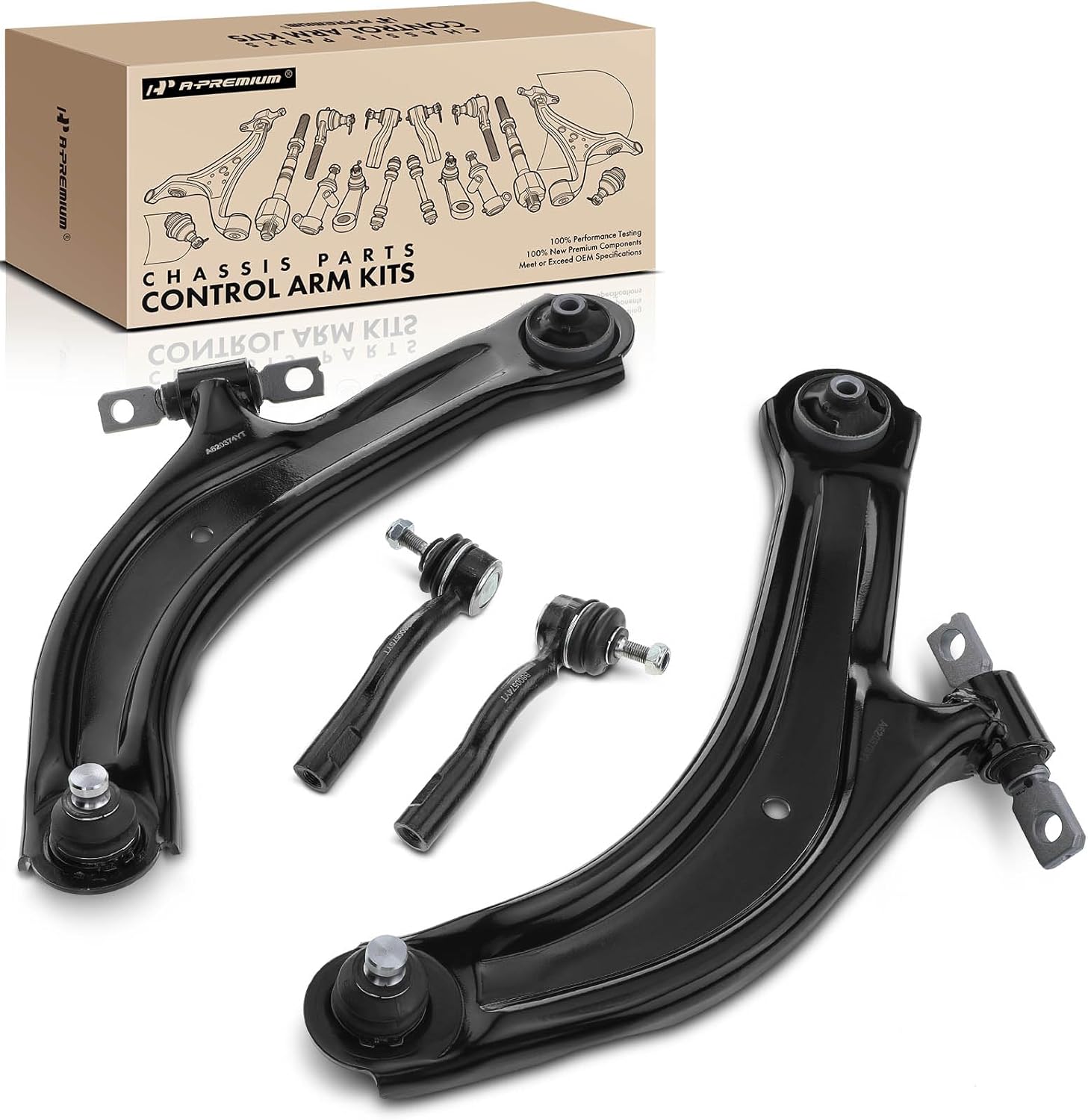 A-Premium Set of 4, Front Lower Control Arm, Outer Tie Rod End, Compatible with Nissan Sentra 2007 2008 2009 2010 2011 2012, L4 2.0L & 2.5L