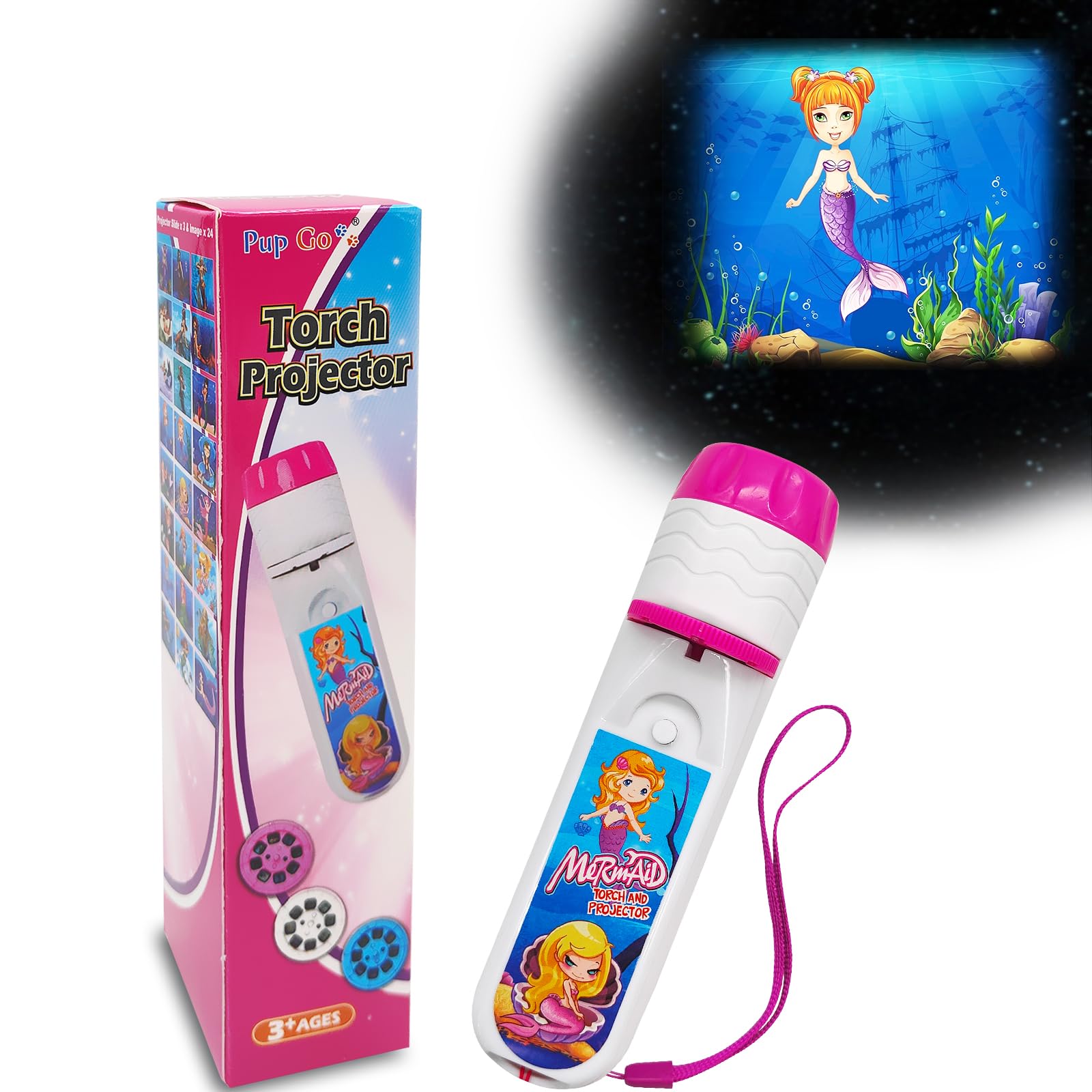 Pup Go Mermaid Torch and Projector for Kids Ages 3+, 3 Discs 24 Images Included, Pink Torches Toys for Girls, Kids Mermaid Projector Night Light, Educational Toys Idea Fairy Gifts for Toddler Children