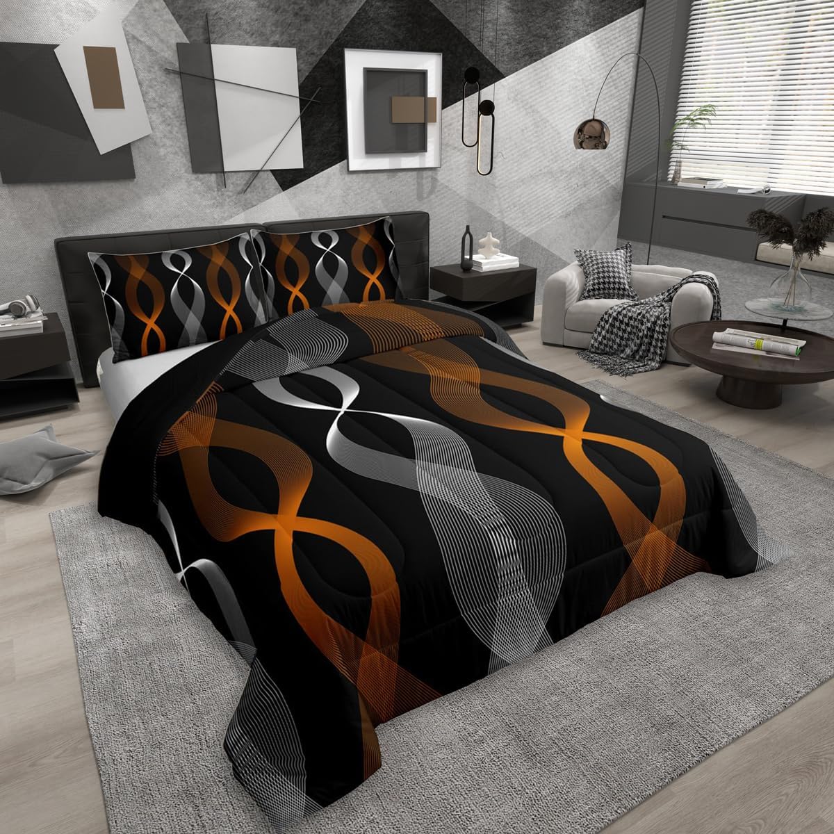 Erosebridal Orange and Black Bedding Set Twin, Orange Striped Abstract Comforter Set, Geometric Stripes Artistic Line Comforter for Women Men Teens Bedroom, Contemporary Boho Modern Art Quilt image 3