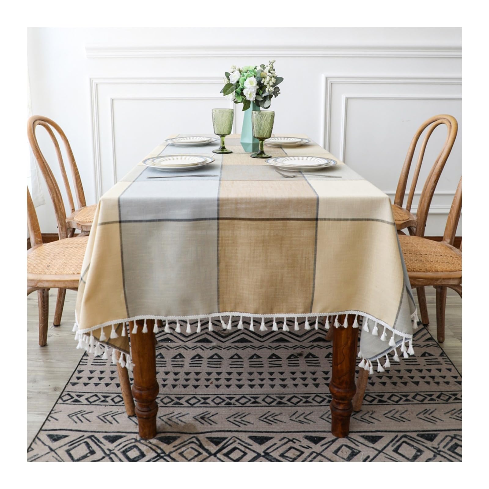 KnSam Mantel amarillo, a cuadros con borla, mantel de poliéster, mantel de jardín, para cocina, comedor, decoración, adecuado para decoración de cocina en casa, diferentes tamaños, 140 x 240 cm