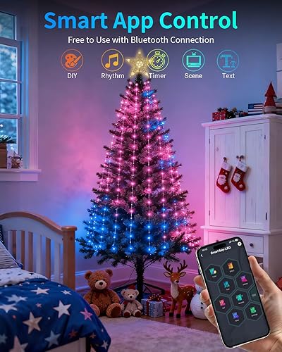 Miniatura 7 de Luces inteligentes para árbol de Navidad, espectáculo de luces LED que cambian de color, cadena de luces de árbol de Navidad de 6 pies con anillo y