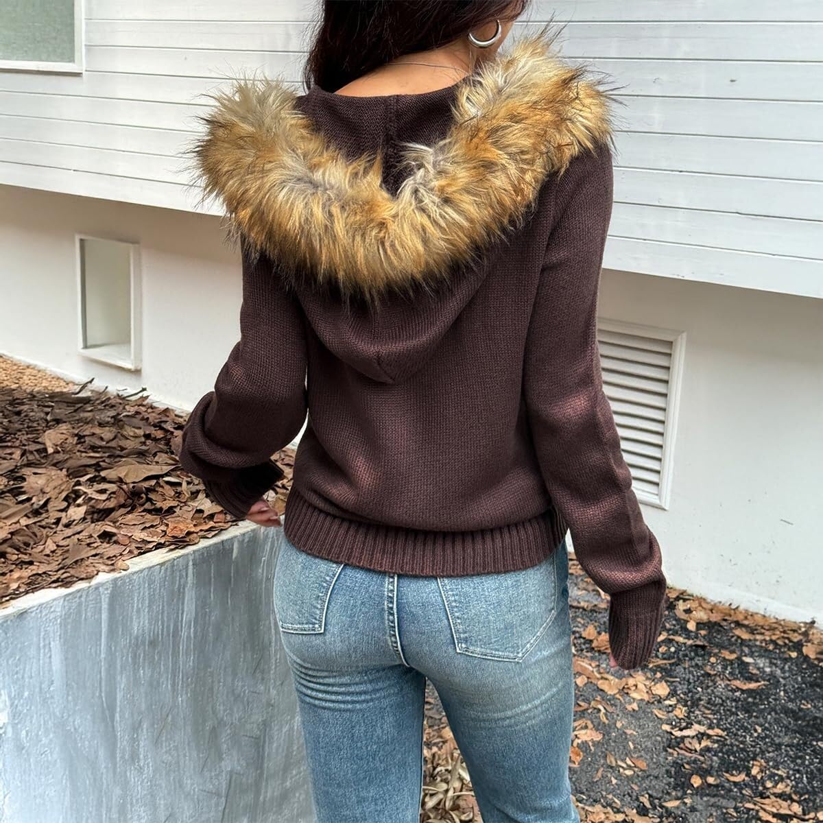Maglione da donna Y2k con zip e collo di pelliccia, grosso, taglio grosso, cardigan lavorato a maglia, per adolescenti, emo, grunge, anni 2000, abbigliamento vintage streetwear