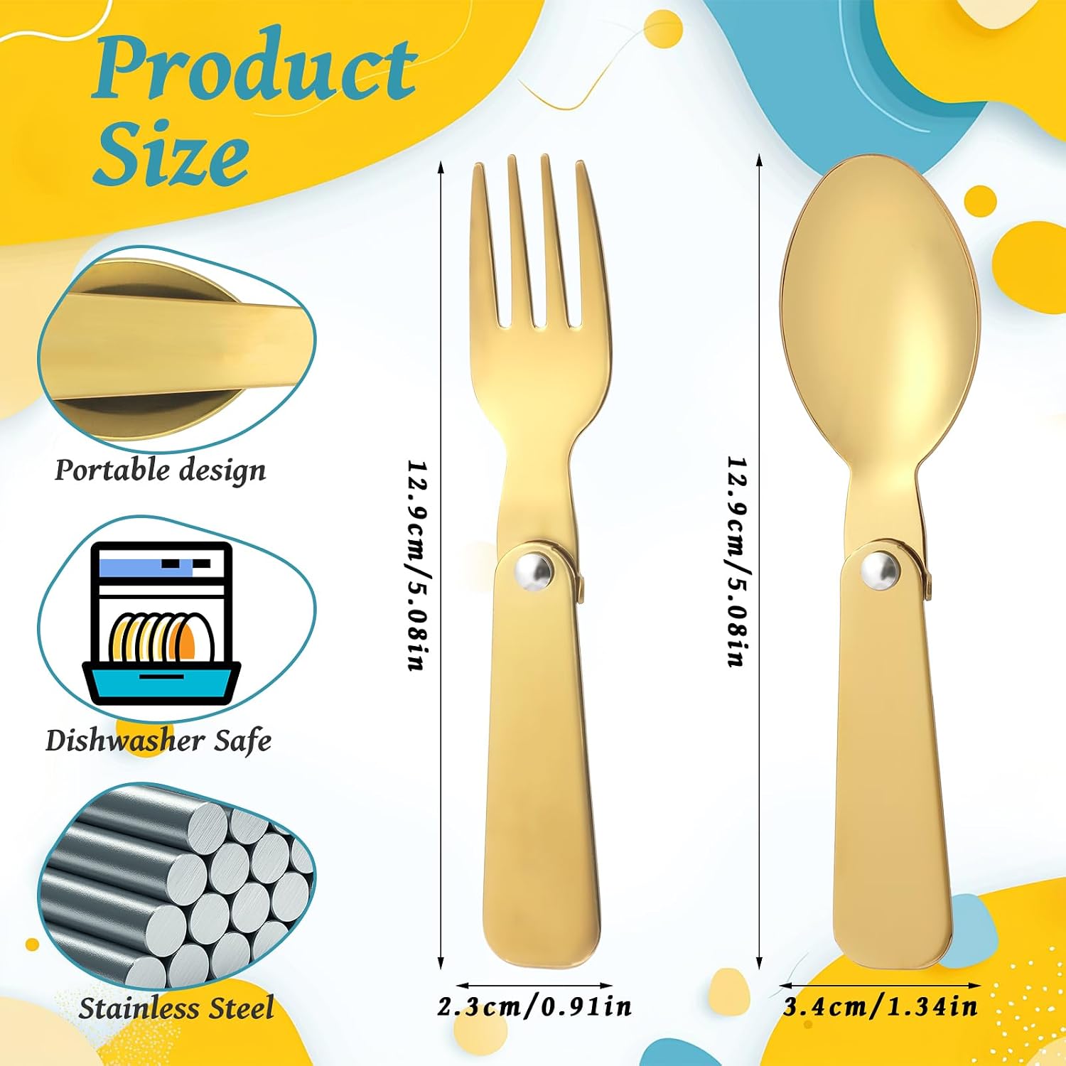 Lyreh 2 Pack Replacement Spoon & Fork for Thermos Funtainer 10oz Food Jars, Stainless Steel Small Foldable Spoon Folding Fork for Travel Camping Picnic Outdoor Activities (Gold) image 2