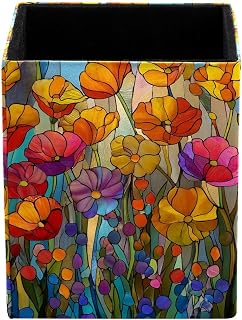 Leather Pencil Holder for Desk, Cute Pen Cup,Stained Glass Wildflowers