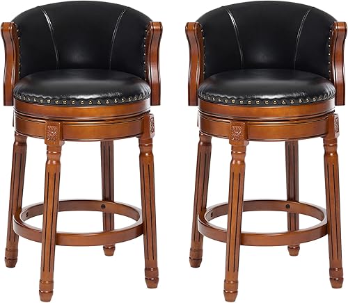 Miniatura 12 de CozyRain Taburetes de bar de madera de goma, taburete de bar tapizado de cuero con respaldo y reposapiés para el hogar, cocina, mostrador, comedor