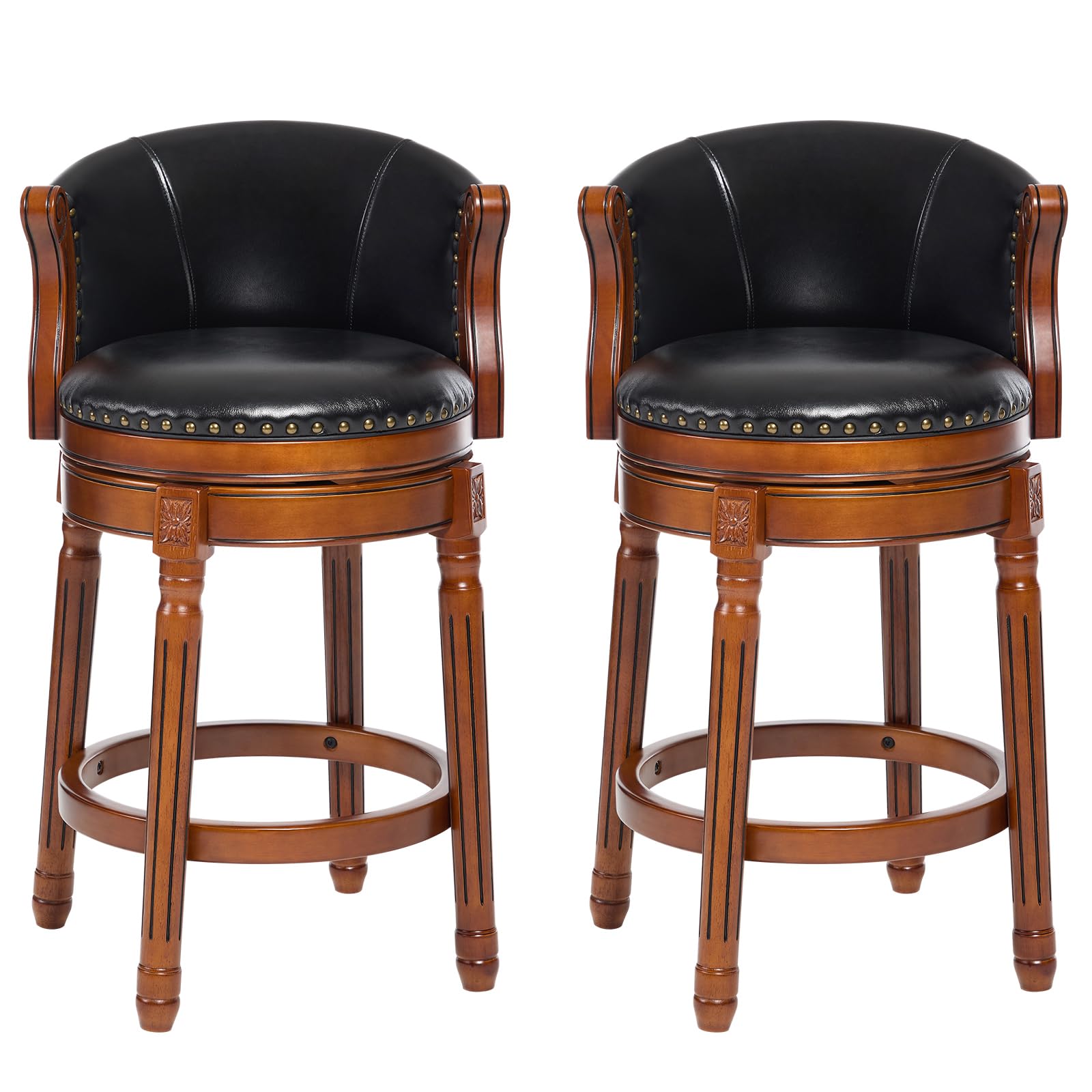 CozyRain Bar Stools Rubber Wood Counter Height Bar Stool Leather Upholstered Swivel Barstools with Back & Footrest for Home,Kitchen,Counter,Dining