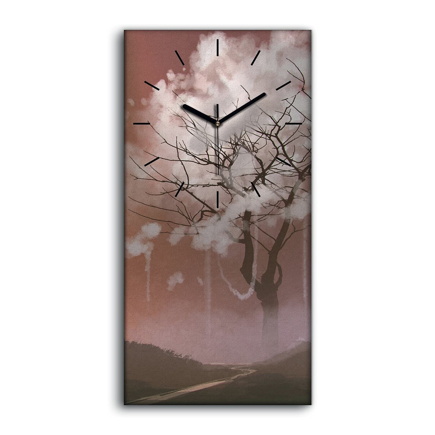 Horloge sur toile 30x60cm avec arbre abstrait et aiguilles noires