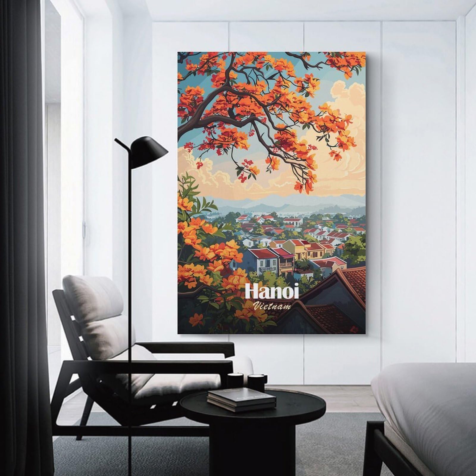 Junmoney Hanoi, Vietnam Cityscape with Orange Flowers Canvas Wall Picture 20x30inch(50x75cm), for Contemporary Homes, Apartments Or Offices, Wall Decor with Flexible Room Appeal