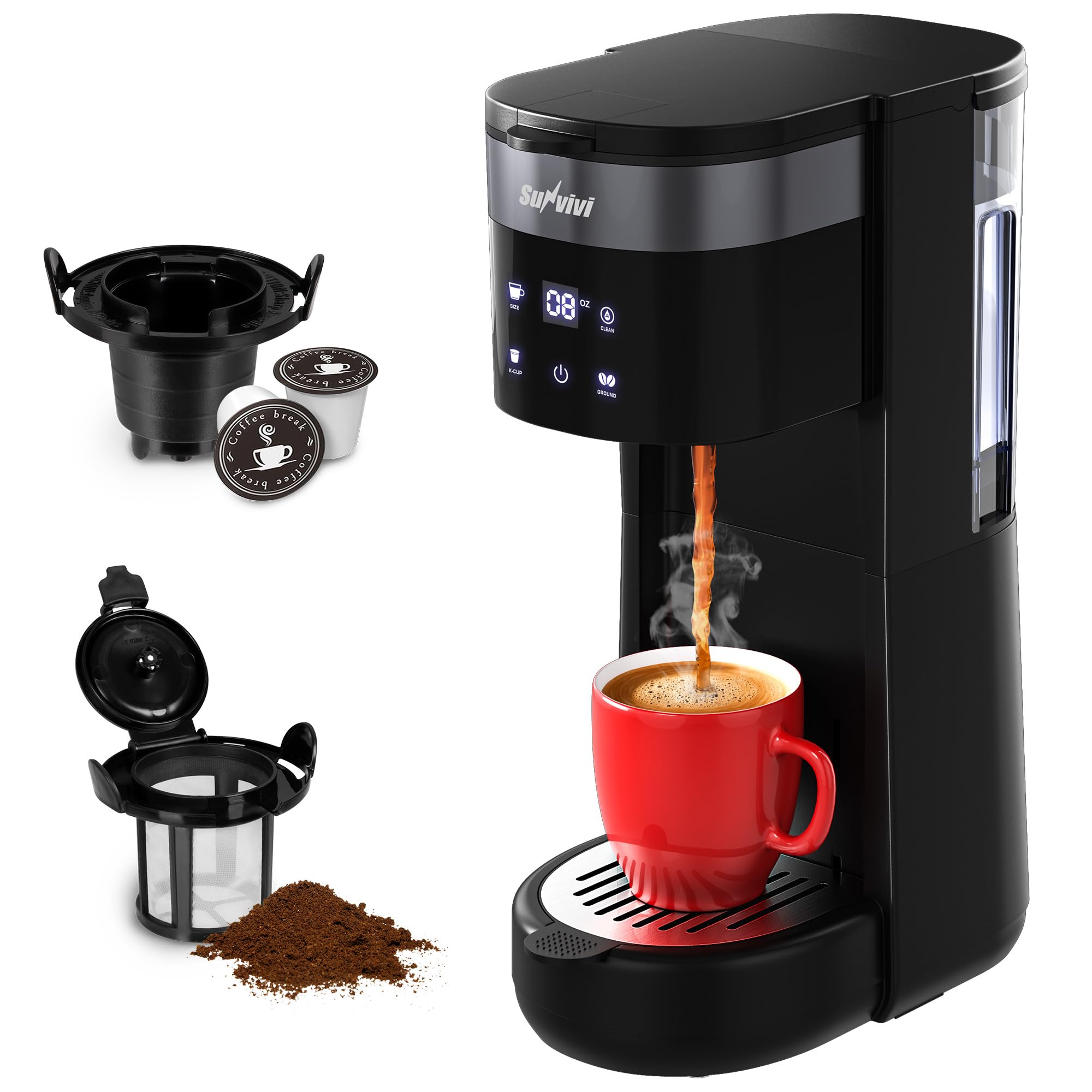 SUNVIVI 3-in-1 Single Serve Coffee Machine,Brewer for K-Cup Pods, Ground Coffee, and Teas, Brew Sizes 8 to 14oz, 30oz Removable Water Reservoir, 2 Cup Trays, Self-Cleaning Function - Black
