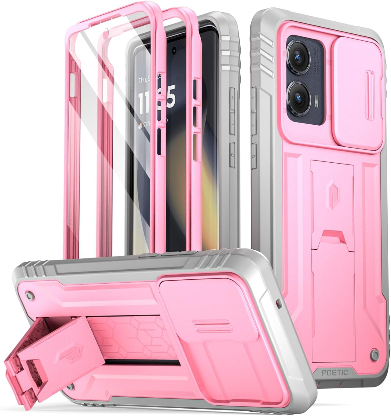 Poetic Revolution Case for Motorola Moto Edge 2024 [Not for 2023 Version], [Slide Camera Cover], Full-Body Military Grade Rugged Shockproof Cover with Kickstand and Built-in-Screen Protector, Pink
