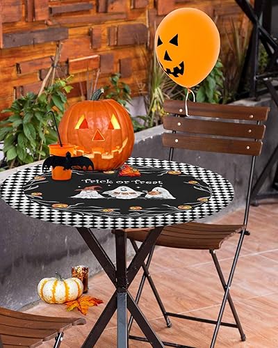 Miniatura 2 de Mantel ajustable de Halloween para mesa redonda, con citas de truco o trato, con borde elástico, impermeable, diseño de cara de fantasma y calabaza,