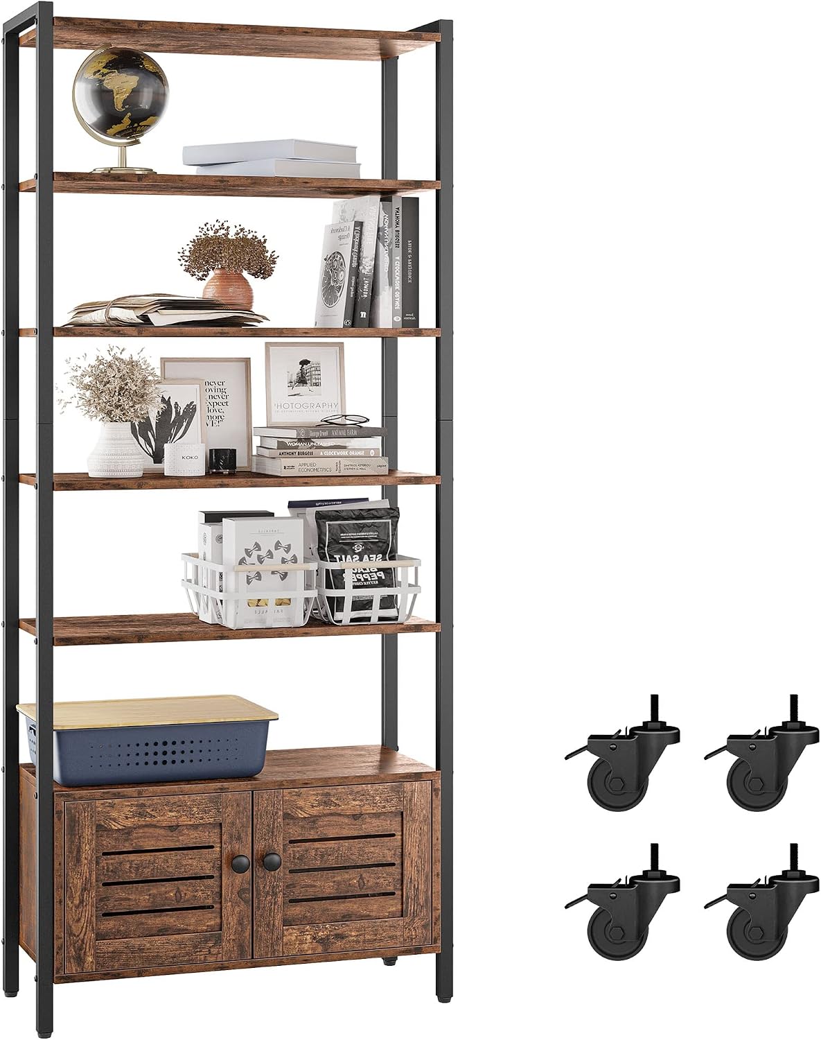 IRONCK Industrial Bookshelf and Bookcase with 2 Louvered Doors and 5 Shelves, Standing Storage Cabinet for Living Room, Home Office, Bedroom, Washroom, Vintage Brown
