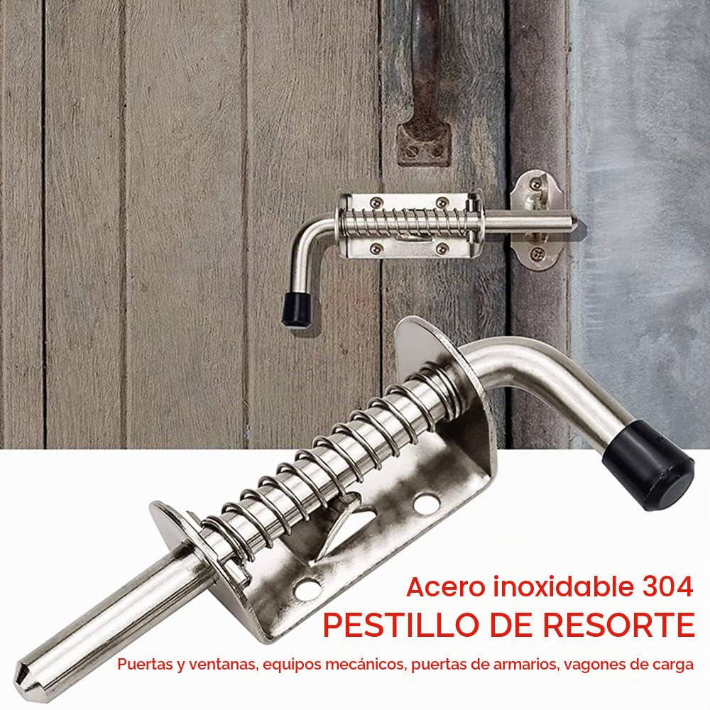 Pestillo de resorte de acero inoxidable 304 4 x 13,5 cm, pestillo de resorte resistente con mango de goma, pestillo para puertas, ventanas, cobertizos, 4 unidades