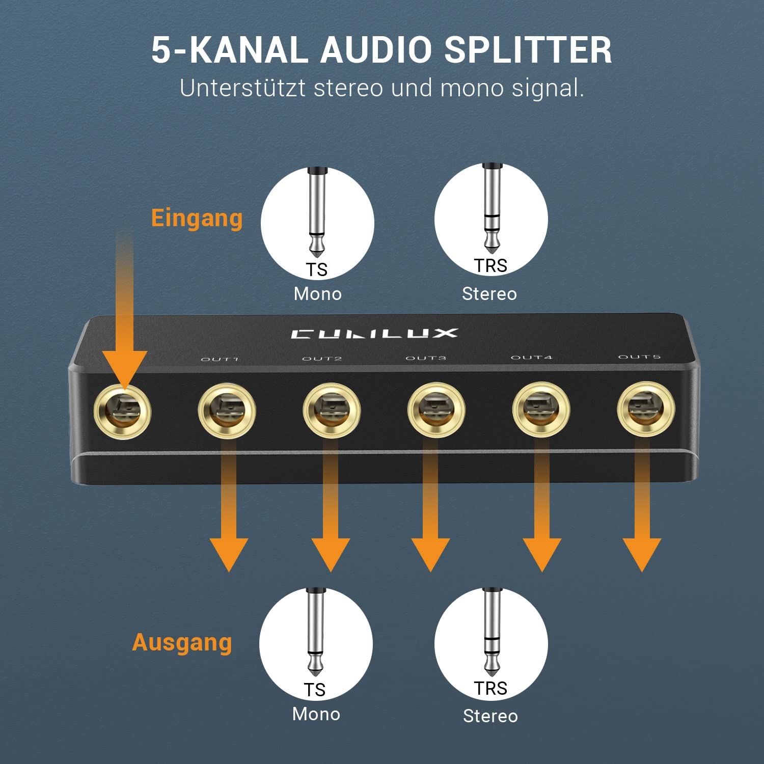 Cubilux passiver 6,35 mm Kopfhörer Splitter Box, 1/4 Zoll TS TRS Audio Verteiler mit 5 Ausgängen, für Studio und Bühne