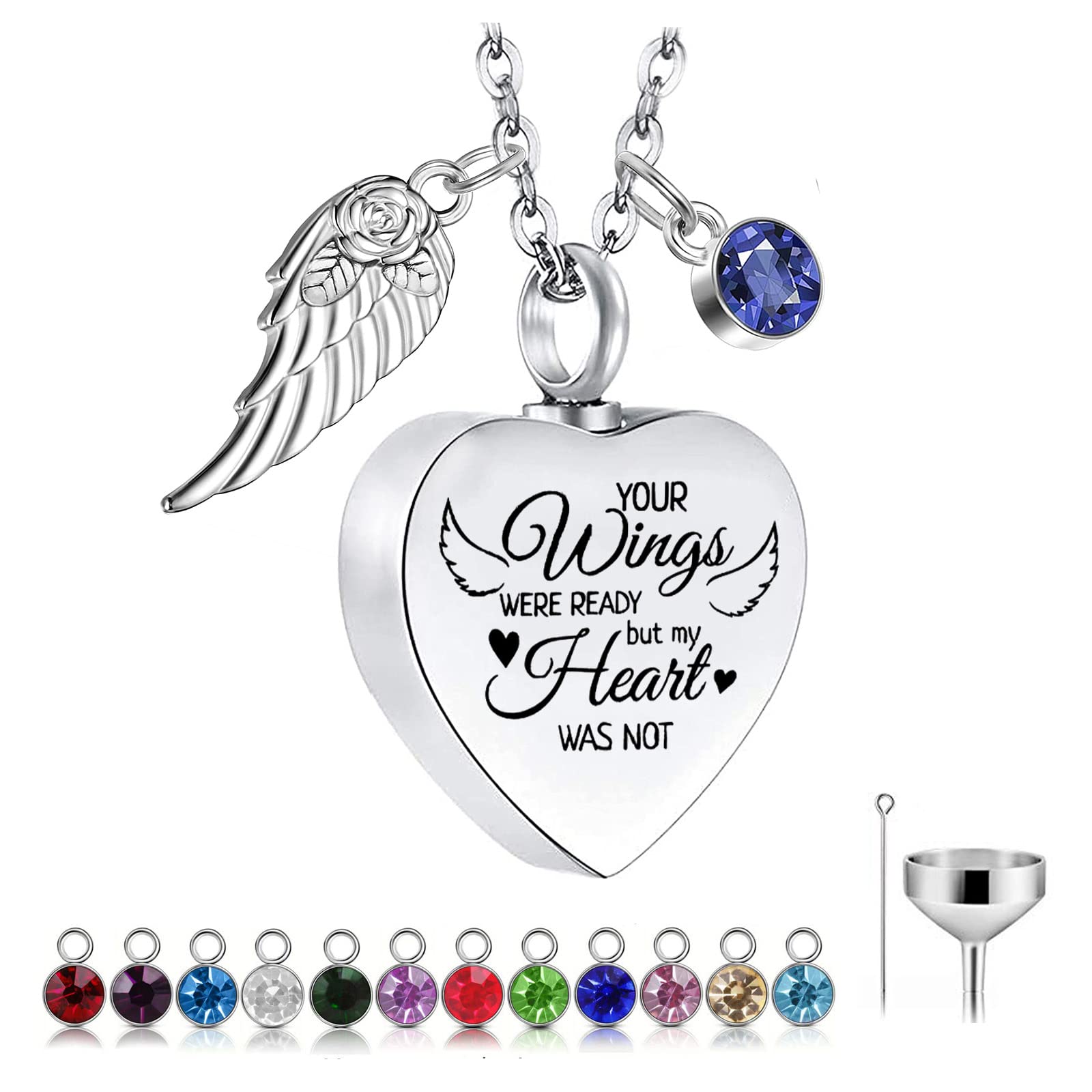 Cremation Heart Urn Necklace for Ashes for Women with 12 Birthstones, Cremation Ashes Jewelry Keepsake with Angel Wing - Your Wings were Ready, But My