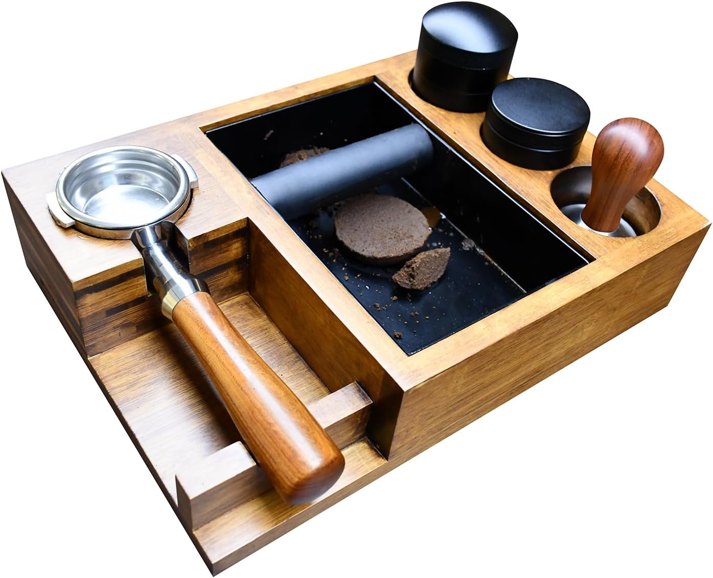13.4'' Large Espresso Knock Box and Tamping Station, Solid Wood Espresso Accessories Organizer Box for 51MM-58MM Tamper, Distributor, Portafilter, High-Capacity Espresso Coffee Organizer