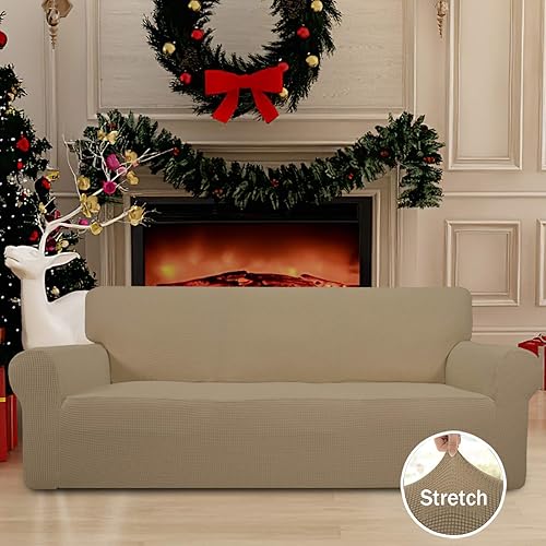 Vista 488 de Easy-Going - Funda elástica para sofá biplaza, 1 pieza, suave, con parte inferior elástica, protector para niños, tela jacquard de elastano y Gris
