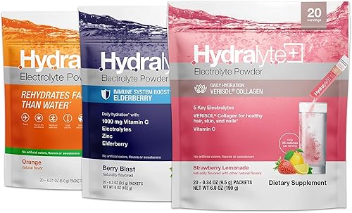 Miniatura 1 de Paquete de electrolitos hidratantes en polvo de hidralyte, estimulador de colágeno, limonada de fresa - 20 unidades  impulso de inmunidad, saúco -