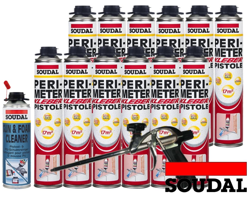 Soudal Juego combinado de 12 botes de pegamento perimetral de 750 ml + 1 limpiador de poliuretano Soudal bote de 500 ml + pistola de espuma profesional