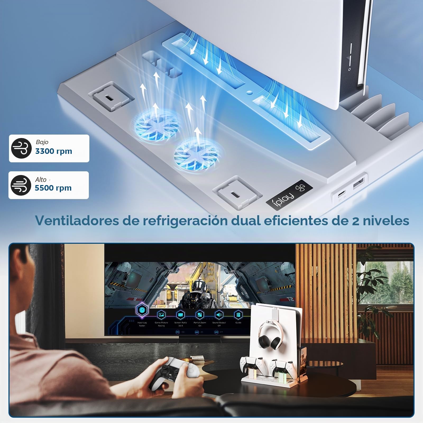 Soporte PS5 con Ventilador y Estación Carga Mando PS5, Multifuncional Soporte Refrigeración con Indicador LED Accesorios Playstation 5 15 Ranuras de Juegos(Edición Disc&Digital) (Blanco)