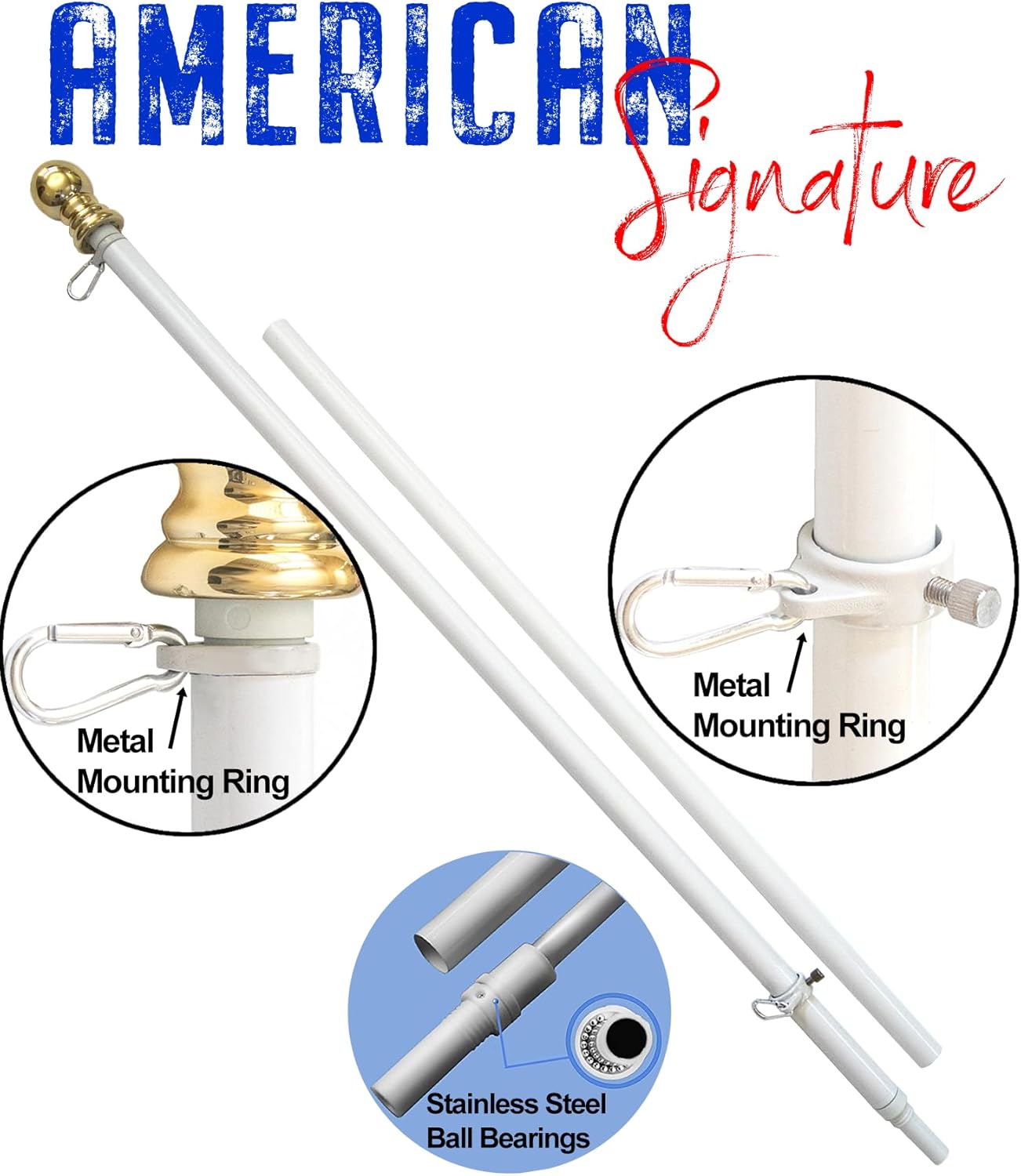 Flag Pole for House - 6 ft Heavy-Duty Aluminum Tangle Free Spinning Flag Pole with Metal Mounting Rings - Outdoor Wall Mount Flagpole for Residential Commercial (White, 6')