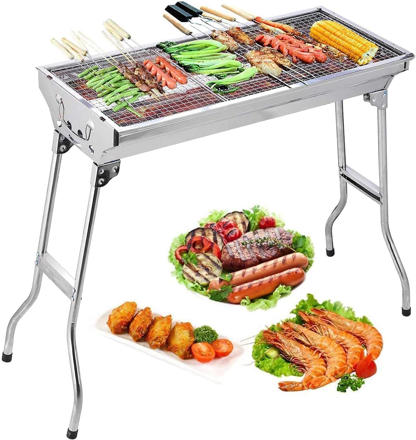 ECVV BBQ Grill, Stainless Steel Barbecue Grill with Stand, Foldable and portable outdoor charcoal BBQ,Camping Cooking for Travel Grill Outdoor,suitable for 5-10 People, Silver