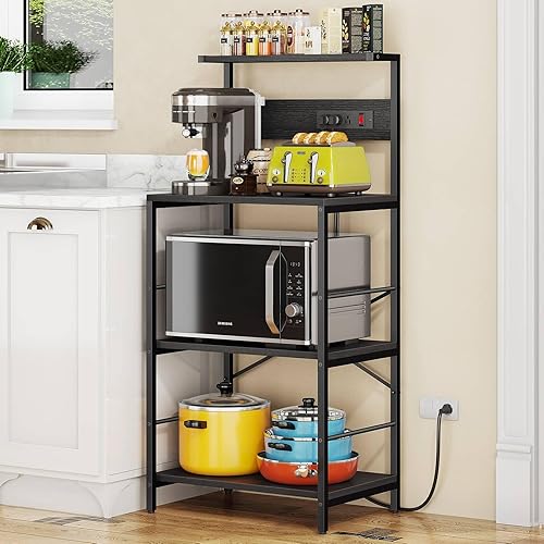 Anycoo Estante para panaderos con 3 tomas de corriente, soporte de microondas de cocina de 4 niveles con almacenamiento, soporte de cocina