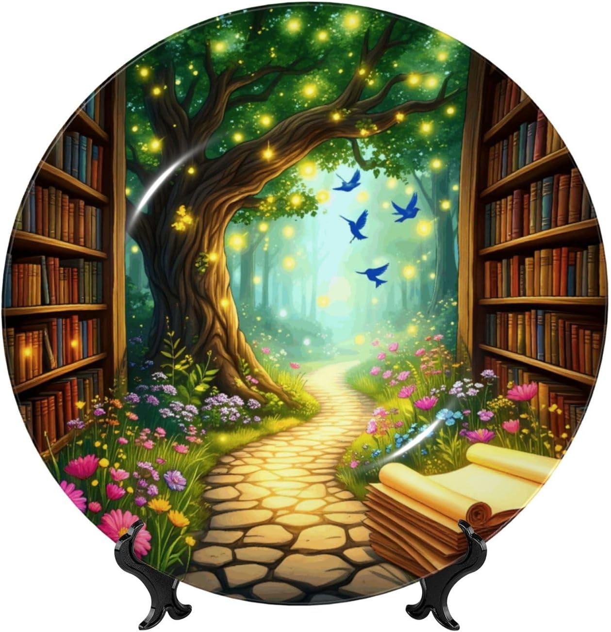 Enchanted Library Path Style Ceramic Plate Display Decorative Plate With Stand Wall Hanging Plate For Home Decor 10 Inch