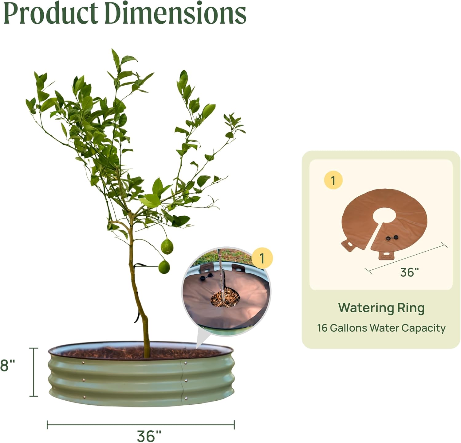 Vego garden Raised Garden Bed 8” Tall Tree Surround with Watering Ring, Olive Green