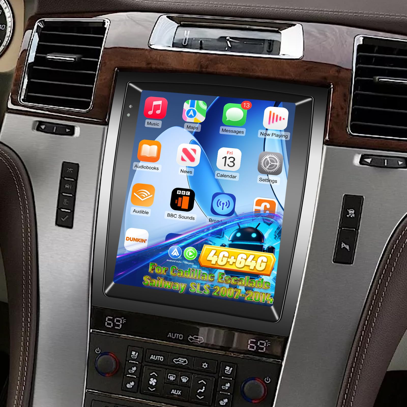 View 1 of [4G+64G] Vertical Car Radio for Cadillac Escalade Sailway SLS 2007-2014, Volxcereo 9.7 inch Android Touchscreen Stereo with Carplay/Android Auto, GPS, WiFi, Bluetooth, SWC, FM/RDS
