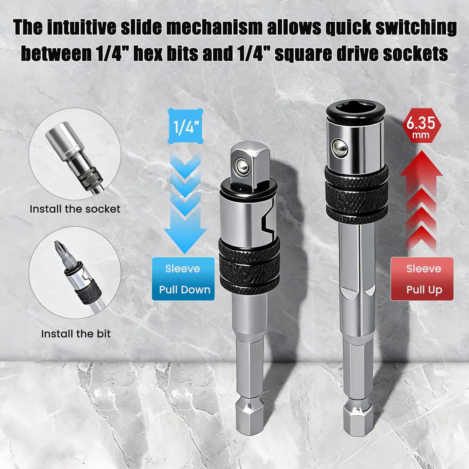 2pcs 2-in-1 Impact Socket Adapter to Bit Holder, 1/4" Drill Socket Adapter to Drill Bit Extension, for 1/4-Inch Square Drive Sockets and Hex Bits, Easy Switching Between Bits and Sockets