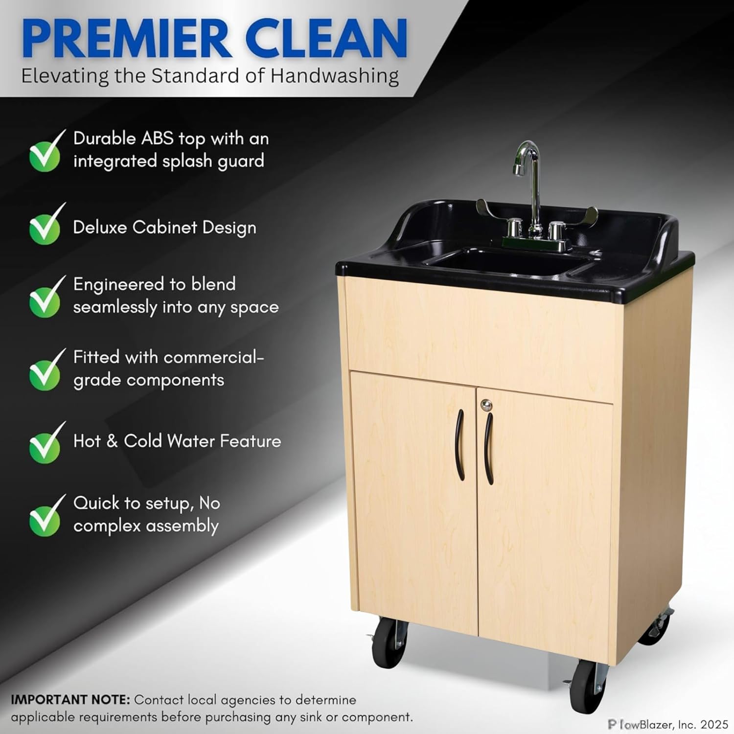 Premier Portable Sink Hand Wash Station – Single Basin Portable Handwashing Sink with Hot Water – Portable Handwashing Station for Classrooms, Daycares, Spas, Medical Facilities & Food Service (Maple)