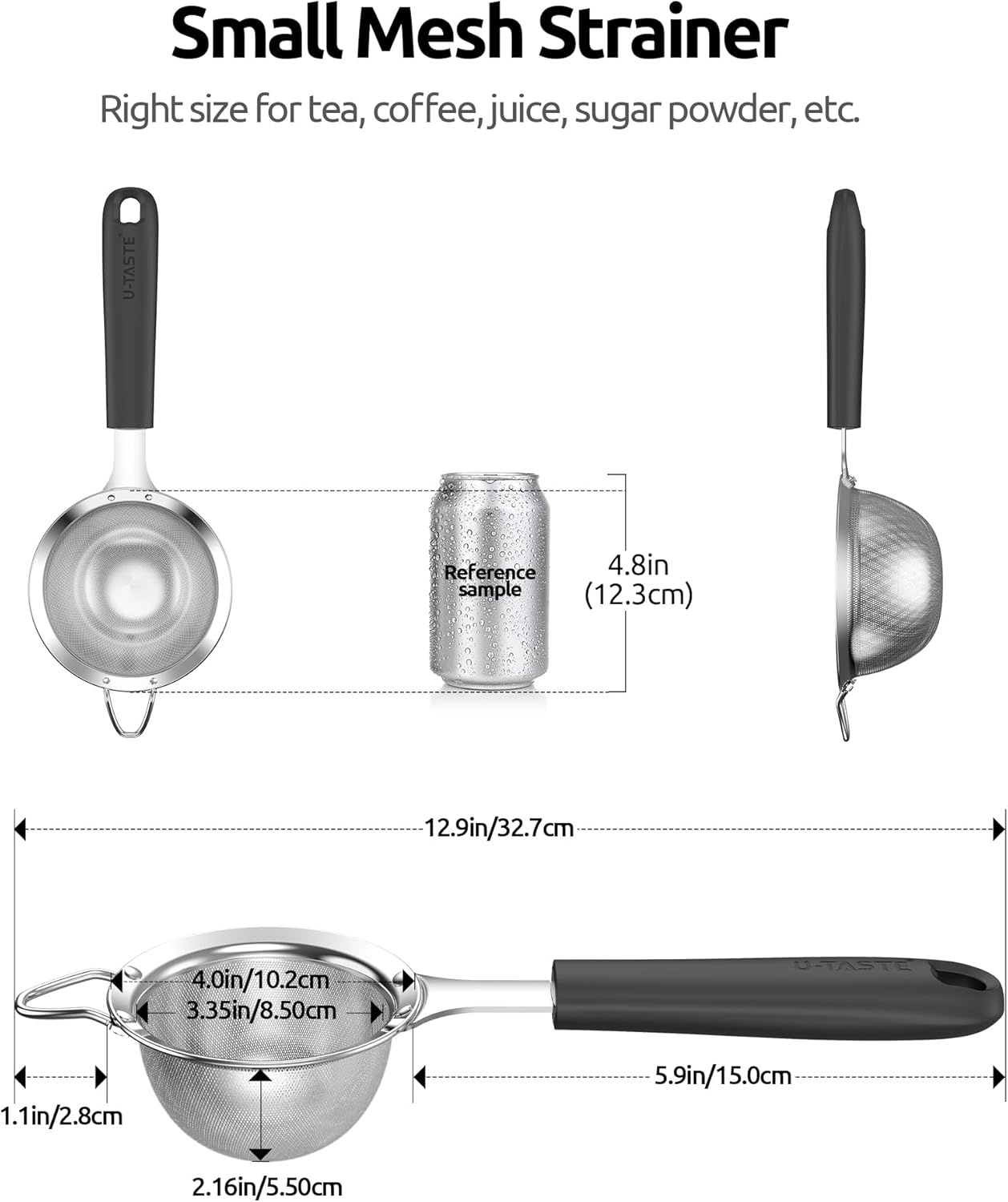 U-Taste 480ºF Heat Resistant Food Grade Silicone Spatula Set of 3, and 18/8 Stainless Steel Fine Mesh Strainer with Sturdy Riveted Silicone Handle and Strong Frame (Black)