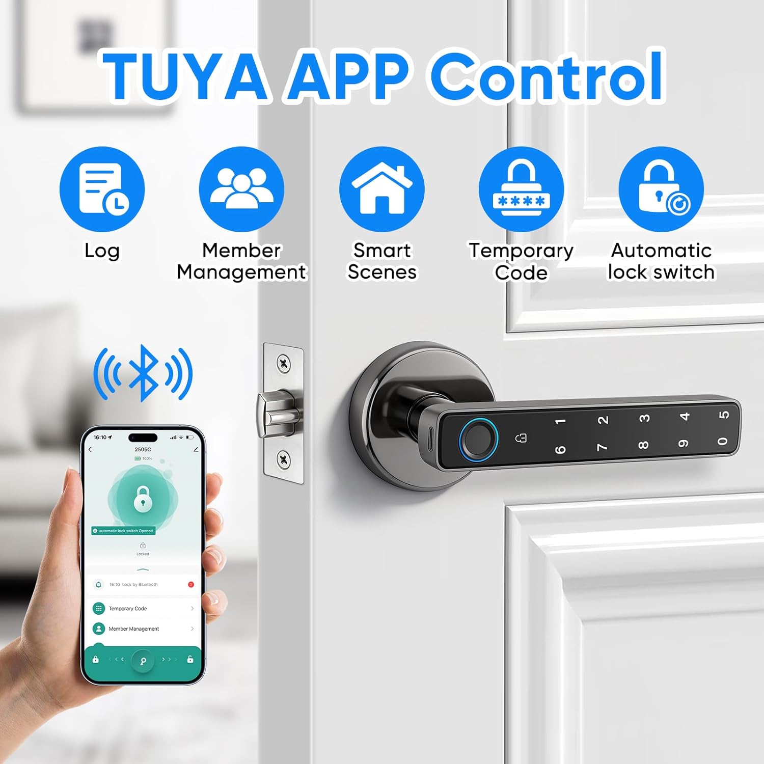 Smart Door Lock with Knob, Keyless Entry Door Locks with Handle, Fingerprint Door Knob with Keypad&App Control for Bedroom/Front Door/Apartment, Generate Passcode Remotely