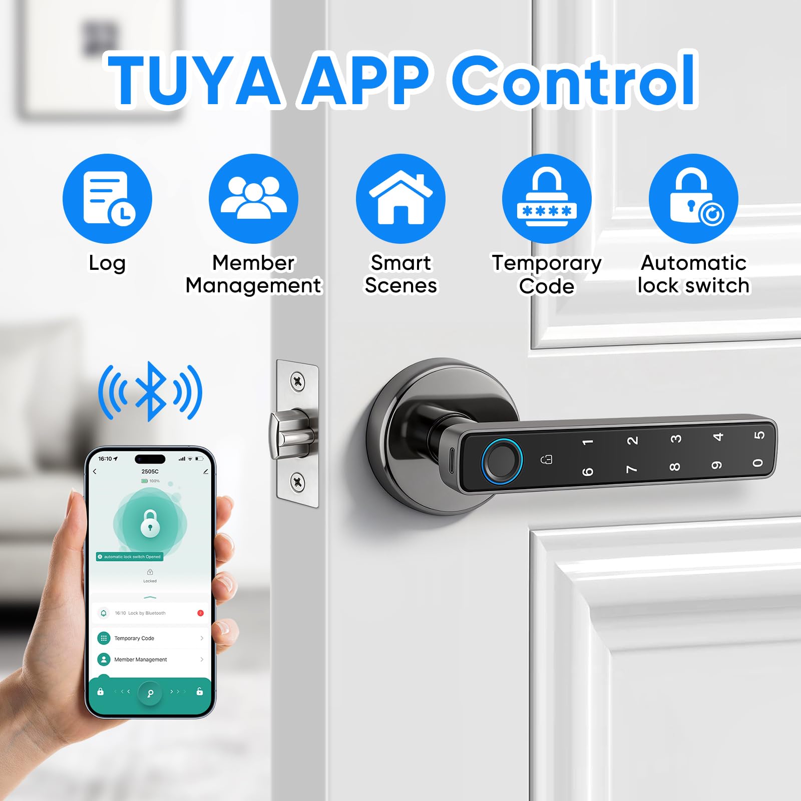 Cerradura Inteligente para Puertas, Cerradura de Puerta Inteligente de Huellas Dactilares con Manija Teclado, Control por App, Almacenamiento Local de Datos, 5 Métodos de Apertura, Sin Llaves
