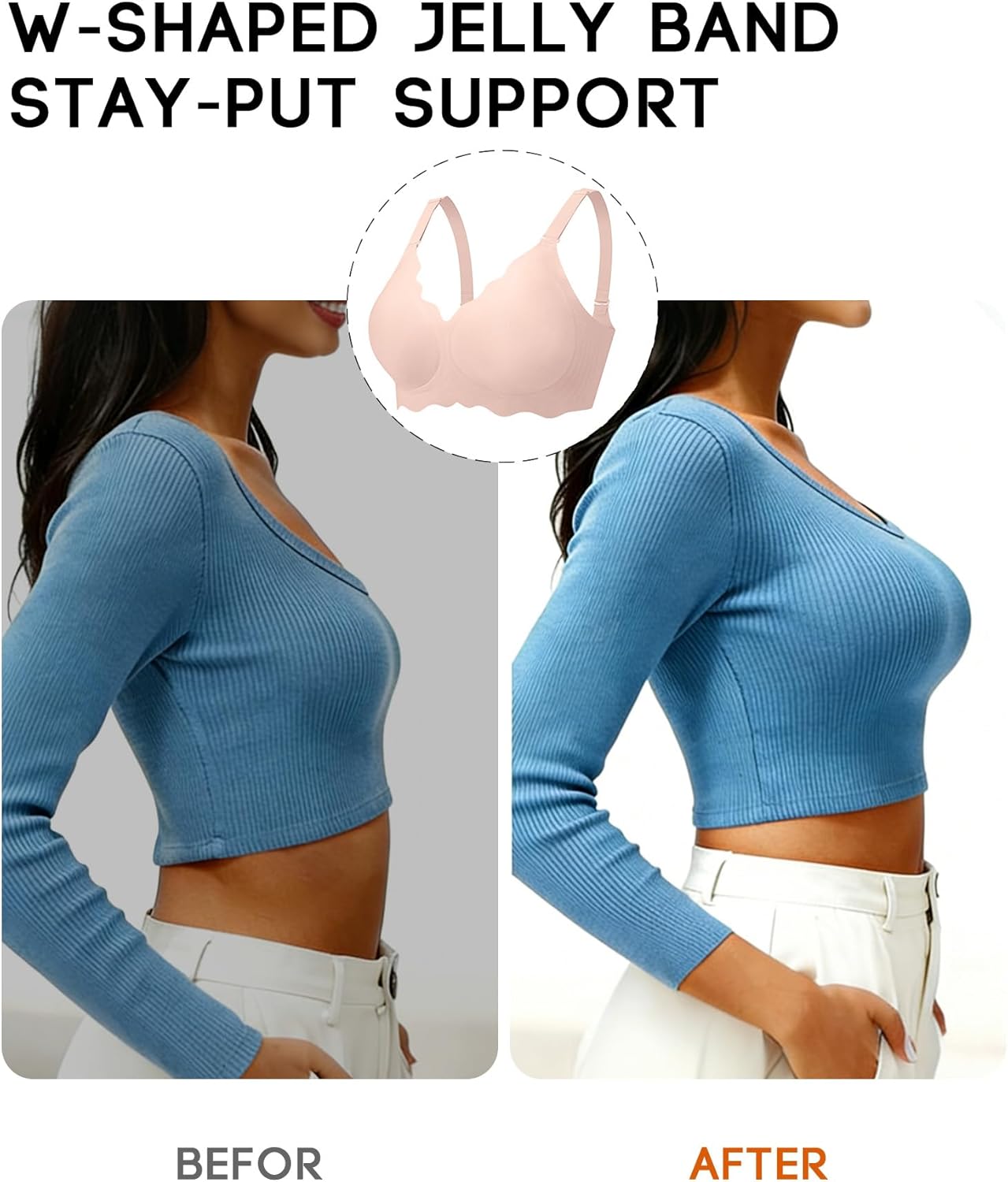 Women's No Underwire Jelly Comfort Wireless Full Coverage Bra, Scalloped Push Up T-Shirt Bra with Convertible Straps - Image 6