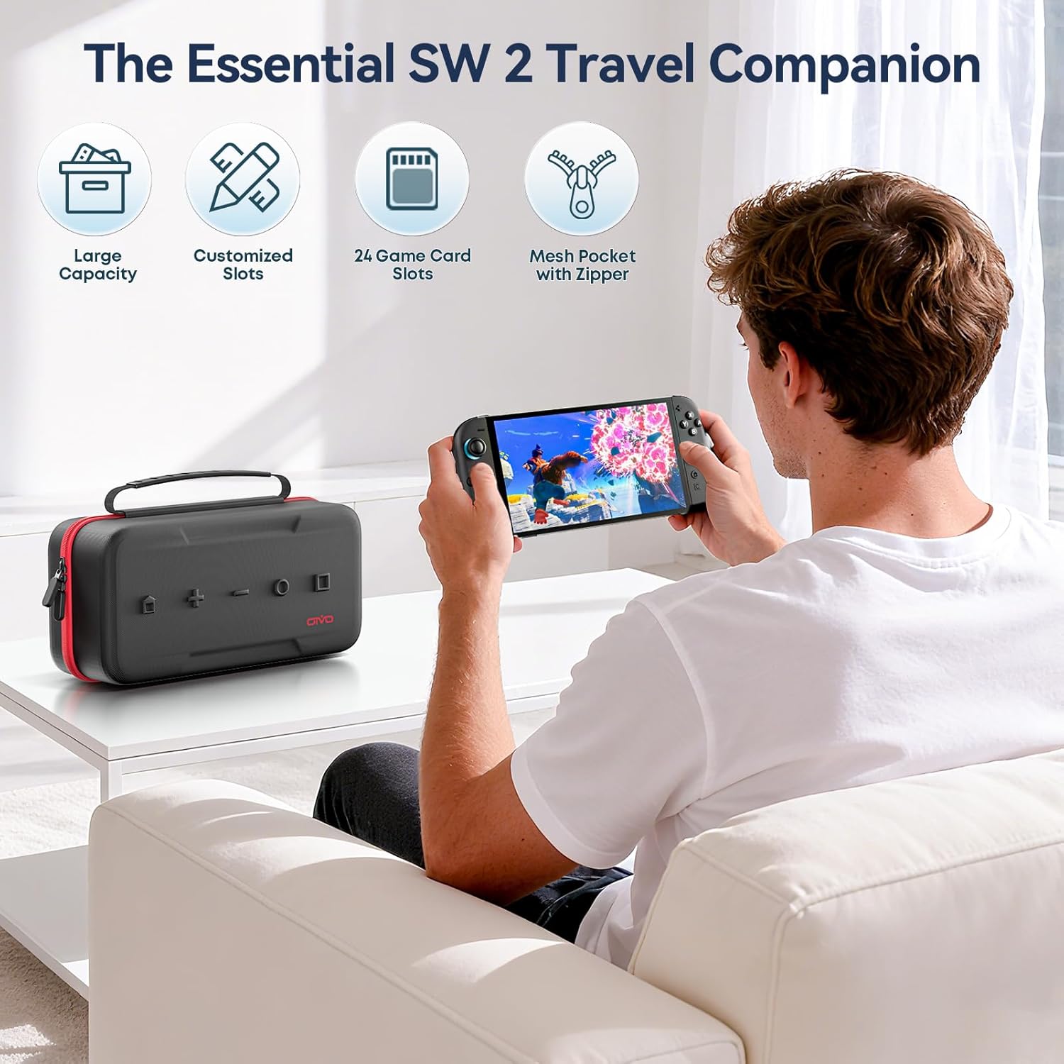 OIVO Switch 2 Carrying Case Compatible with 2025 Nintendo Switch, Portable Travel Carry Case Fit for Joy-Con 2 & Adapter, Hard Shell Protective Pouch Bag with 24 Game Slots, Red - Image 6