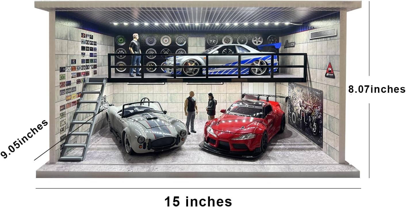 1:24 Maßstab Gussteil-Modellautoschaukasten mit Parkplatzszenario für Jada-Sammler, Diorama-Garage für Legierungssportwagen-Modellspielzeug mit USB-Beleuchtung und Acrylcouvreur, 4 Parkplätze