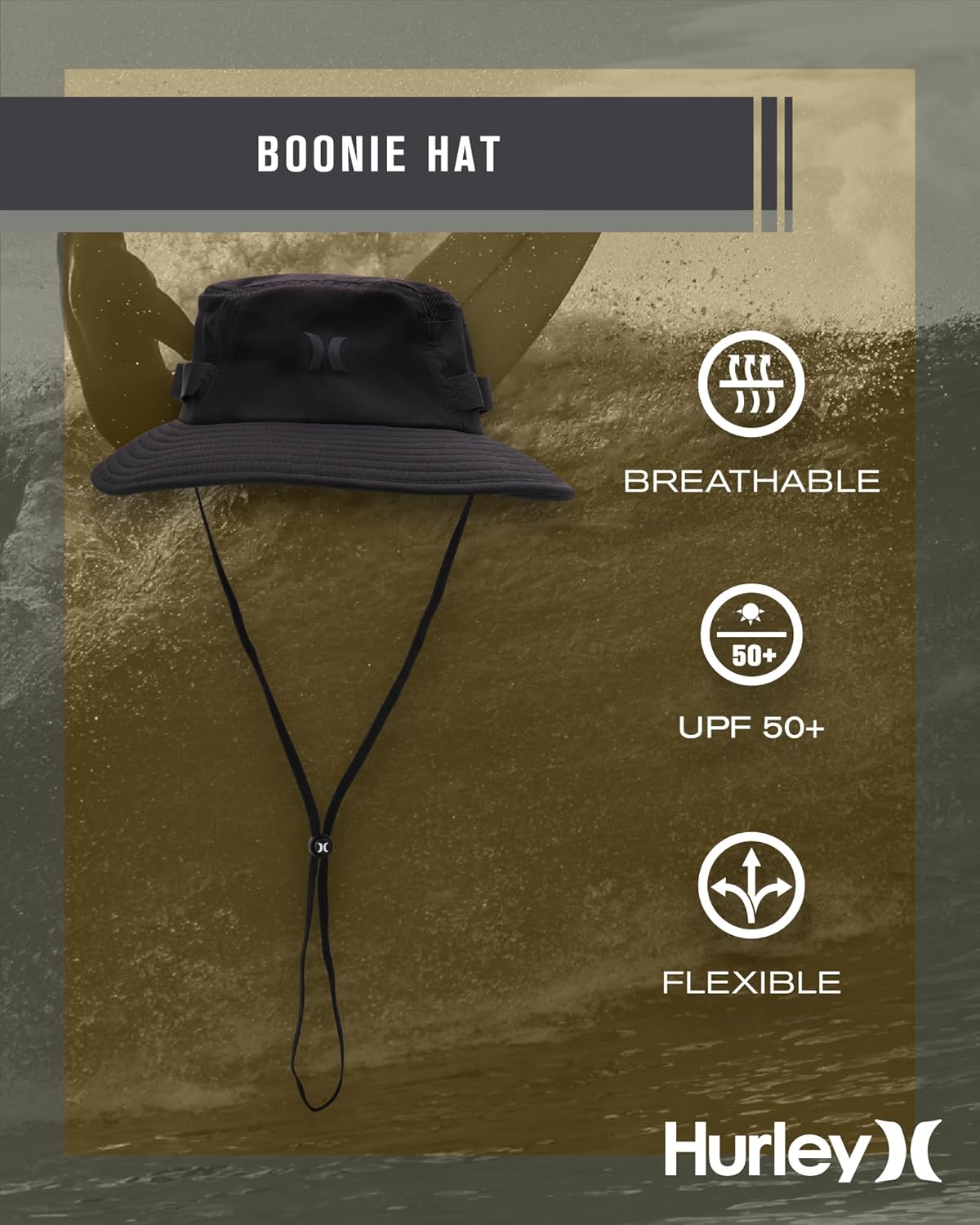 Hurley Men's Boonie Hat - Moisture Wicking and Packable Full Brim Sun Hat UV Protection for Fishing, Hiking, and Safari