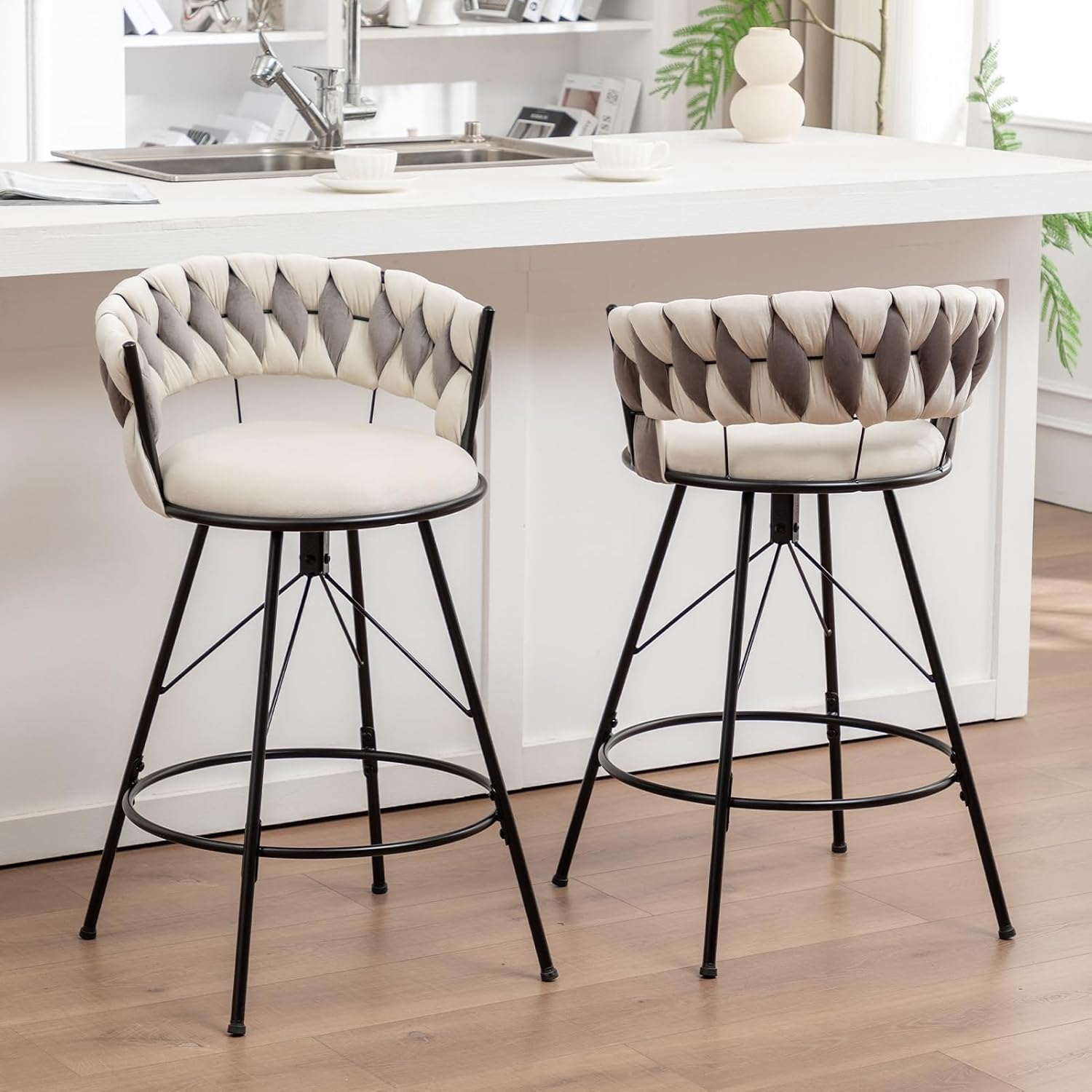 Modern 26 Inch Bar Stools Set of 2, Counter Height Bar Stools with Woven Back, Velvet Upholstered Barstools for Kitchen Island, Cafe (Ivory)