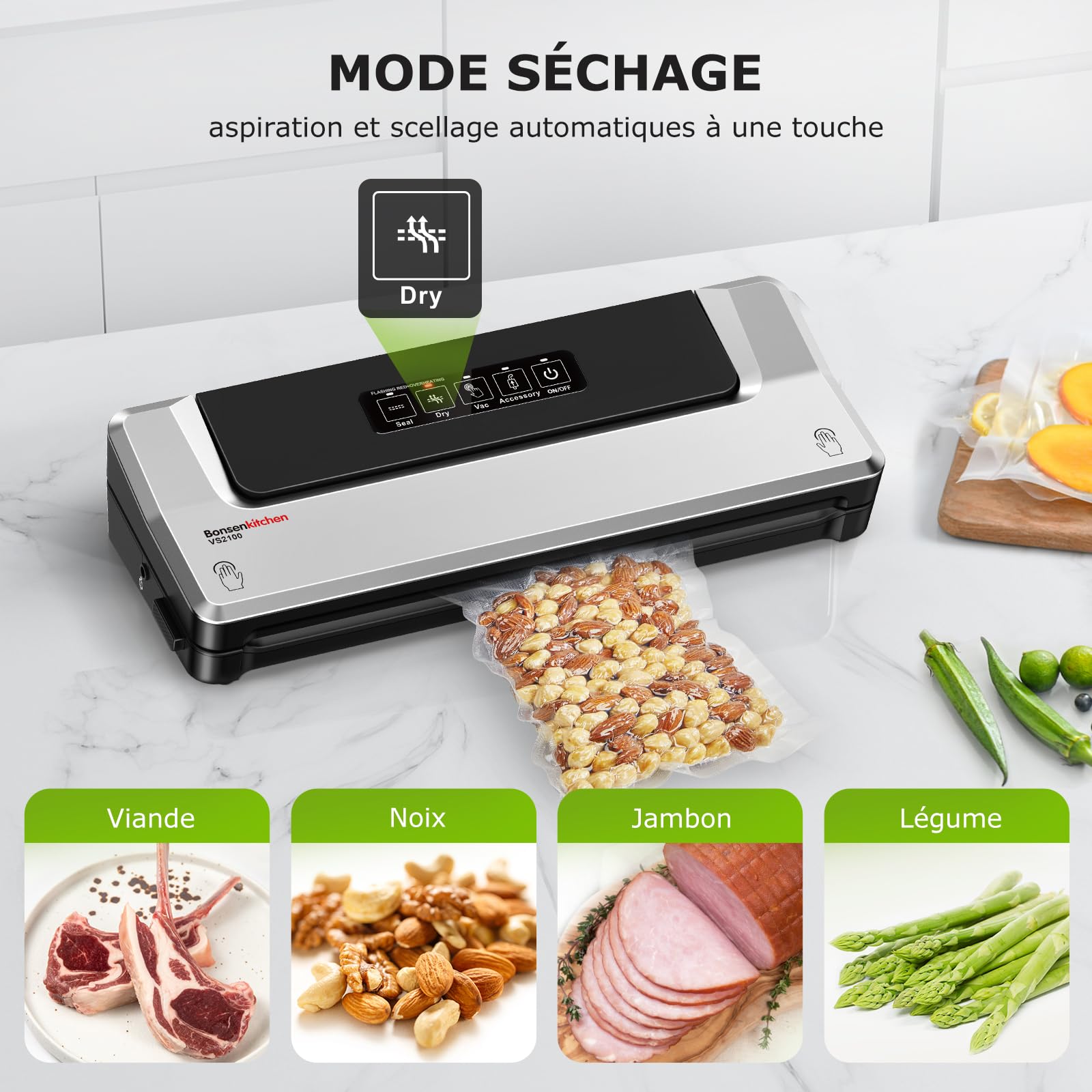 Bonsenkitchen Machine Sous Vide Alimentaire - Appareil de Mise Sous Vide pour La Cuisson Sous Vide et La Conservation des Aliments Frais, Y 5 Compris Les Sacs Sous Vide