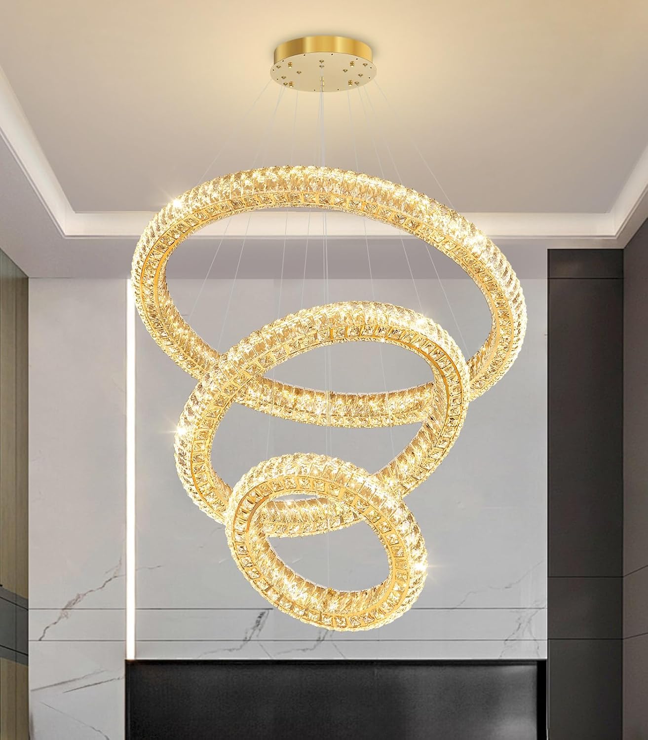 3 Ring Modern Crystal Chandelier Dimmable Ring Pendant Light Round Crystal Chandeliers for Living Room Dining Room Bedroom 32'' Gold