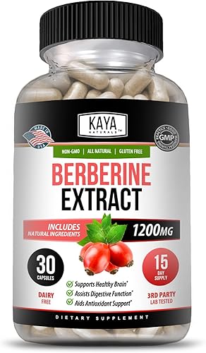 Kaya Naturals Extracto de berberina HCL de 1200 mg - Sistema inmunológico - Niveles de gluco - Salud intestinal (vegetariano, sin OMG y sin gluten)