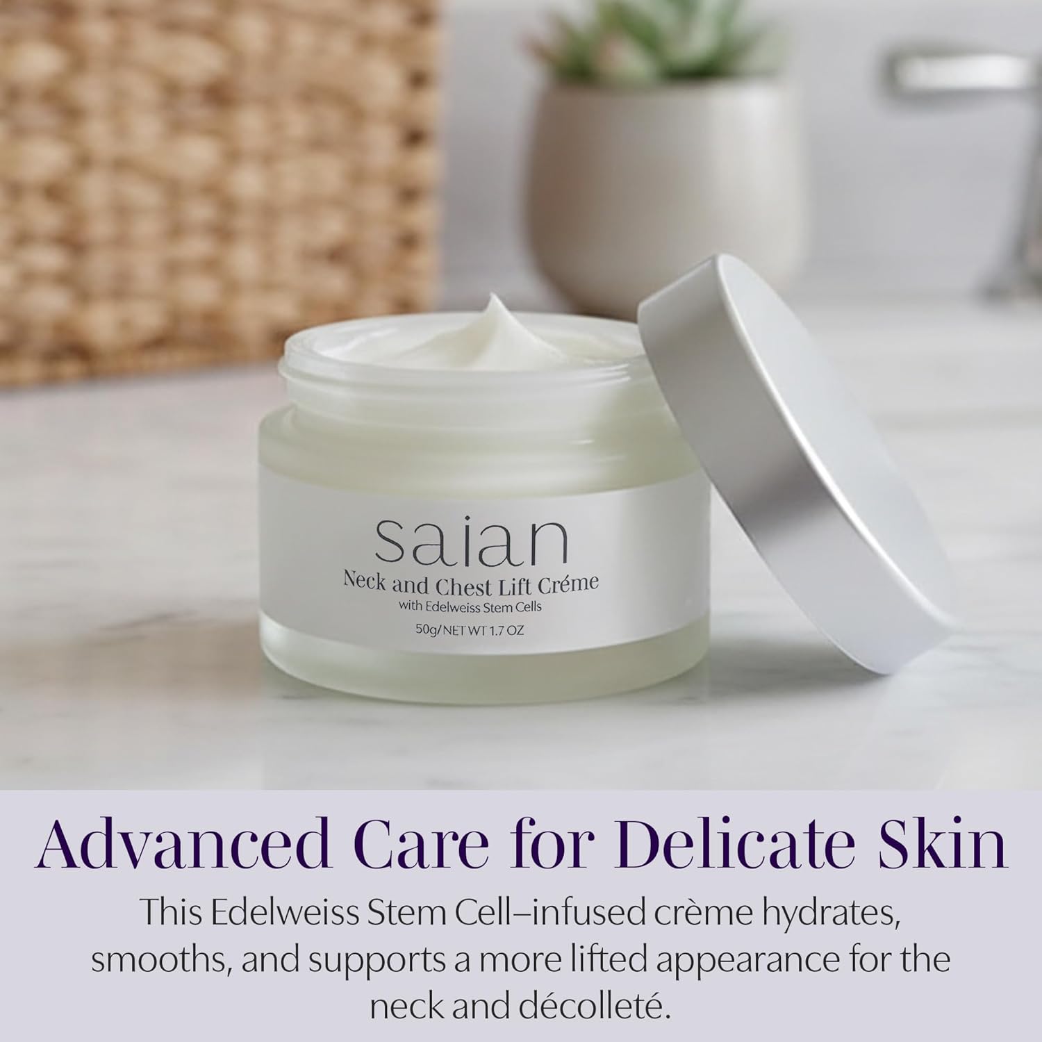 Saian Neck & Chest Lift Creme with Edelweiss Stem Cells - Enhances Neck Chest Decollete Tone and Texture, Hydrating Moisturizer Cream for Daily Smoothing and a Firmer-Looking Skin Appearance - 1.7 oz