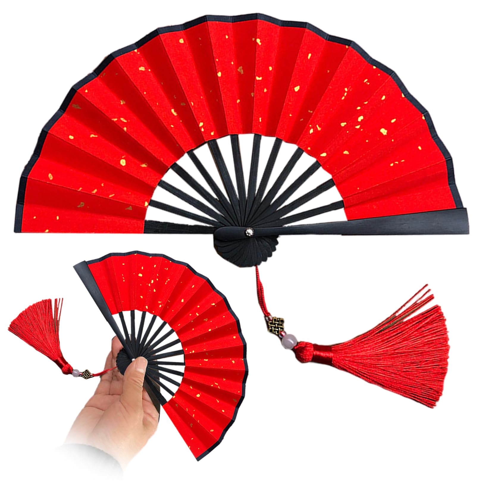 Tsawntd Folding Hand Fan, Red Gold Splash Bamboo Fan for Women, Portable Hand Held Fans for Weddings, Cosplay, Photo Props & Decoration Held Foldable