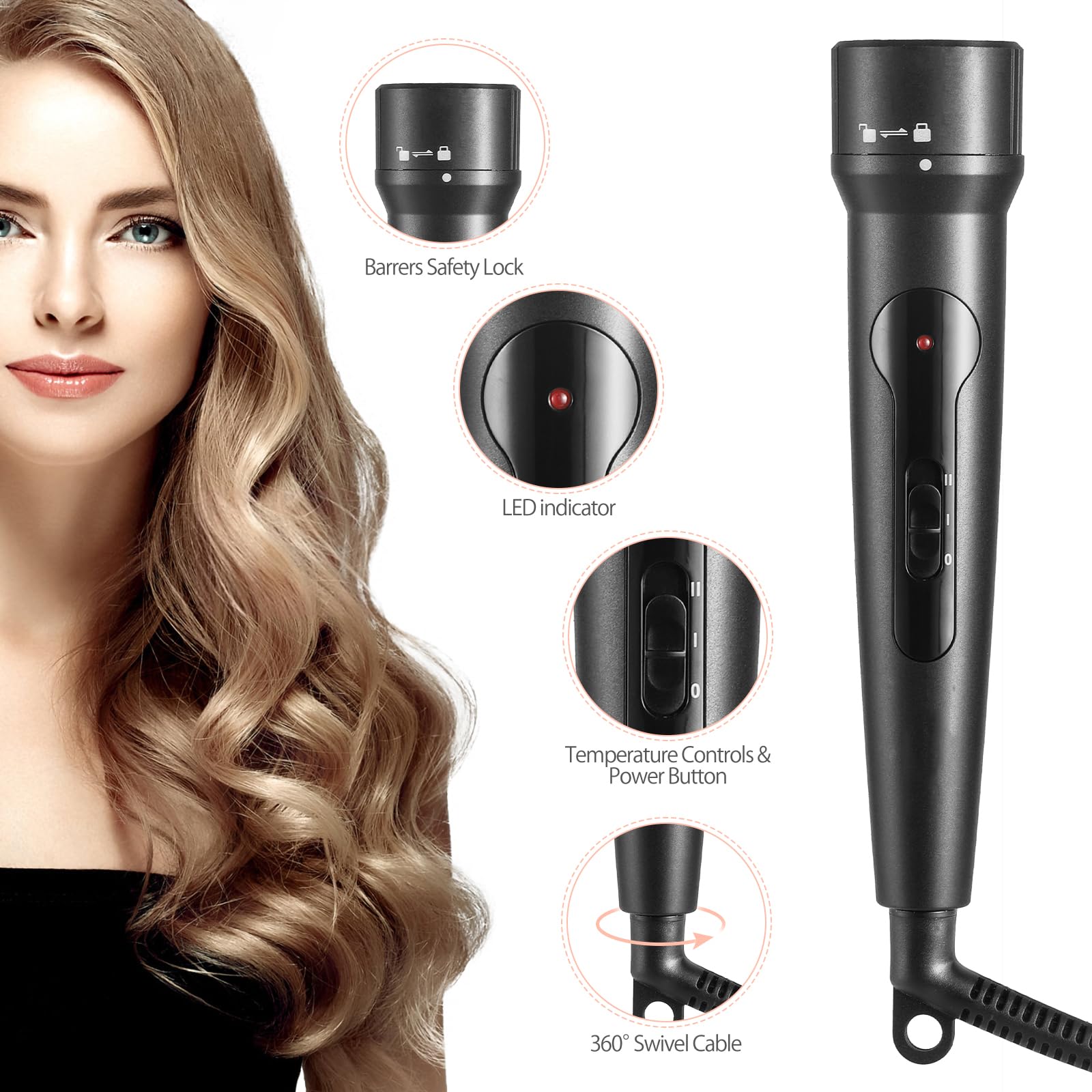 3 in 1 Curling Wand Set with Ceramic Barrel and Interchangeable Attachments