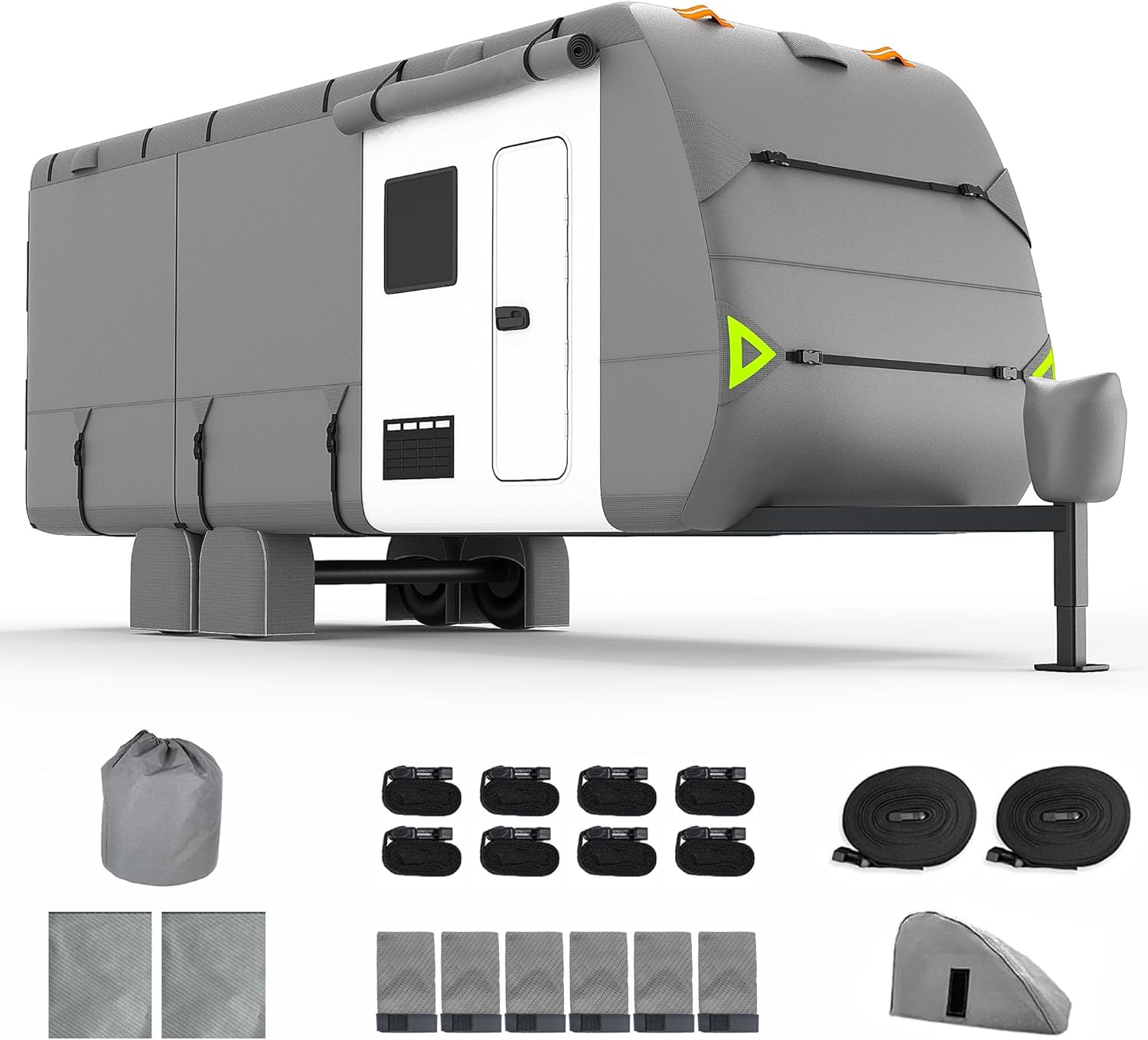 2025 RV Cover, -24-27 FT Heavy Duty Travel Trailer Cover with 8 Layers Corner,Waterproof Camper Cover with 4 Tire Cover & Tongue Jack Cover