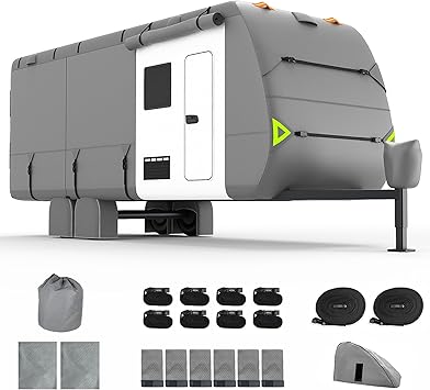 RV Cover, 30-33 FT Heavy Duty Travel Trailer Cover with 8 Layers Corner,Waterproof Camper Cover with 4 Tire Cover & Tongue Jack Cover