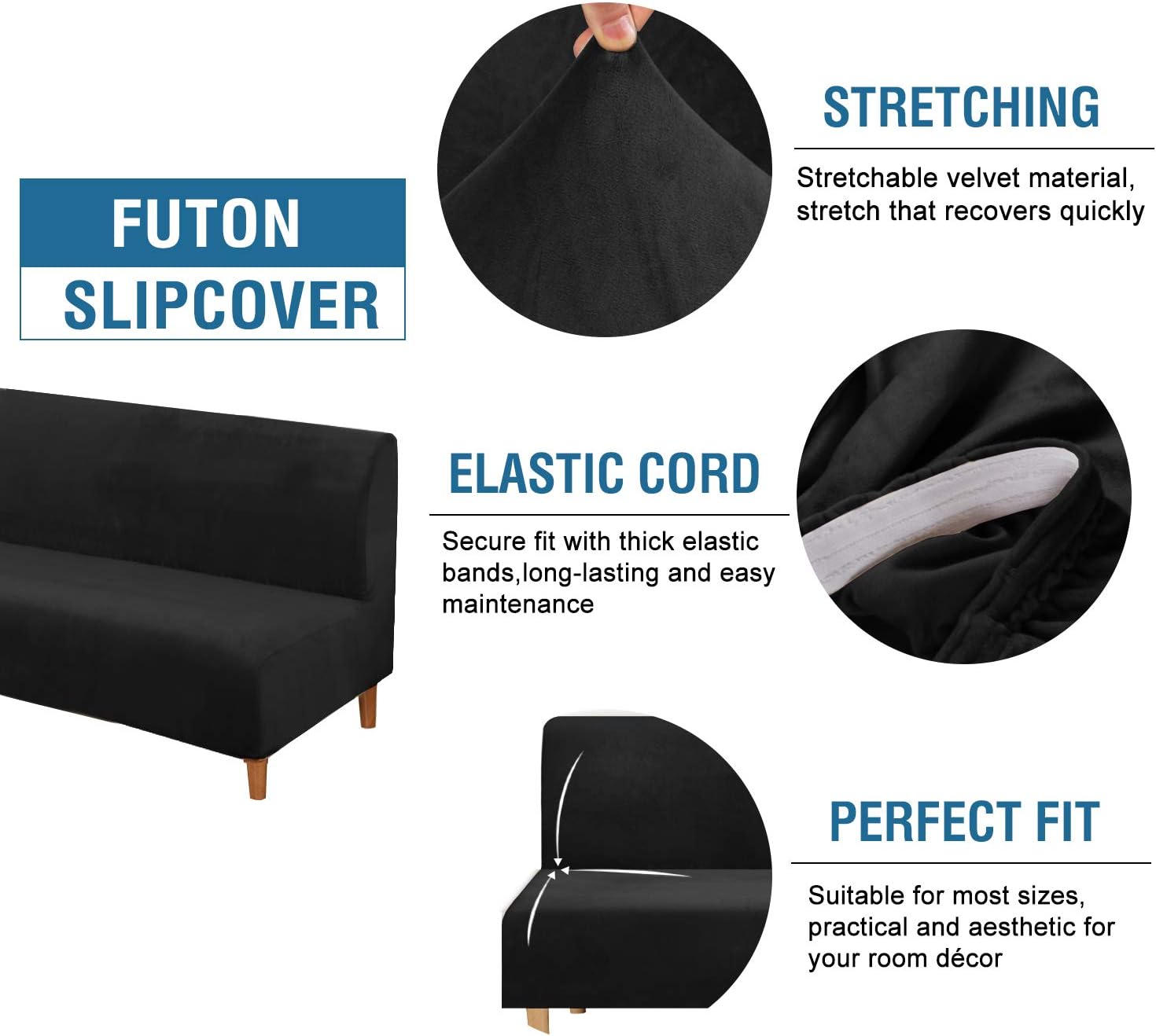 H.VERSAILTEX Velvet Futon Cover Armless Sofa Covers Sofa Bed Covers Stretch Futon Couch Cover Sofa Slipcover Furniture Protector Thick Soft Form Fitted Stay in Place, Black